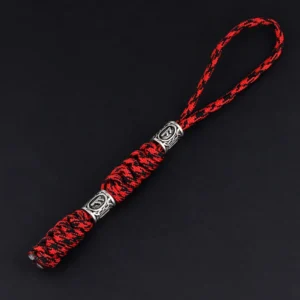 H056f579bd9144969b752e128504746b9Q Porte-clés viking en paracorde camouflage rouge avec deux perles gravées de runes