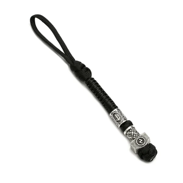 S1dac484e9115465ebd8924baa77d76ecI Porte-clés viking en paracorde tressée noire avec perles gravées de runes