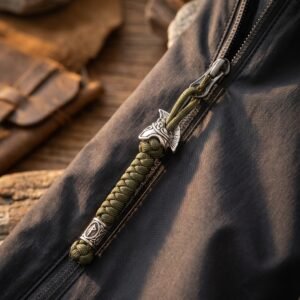 Dragonne vert armée fixée à la fermeture éclair d'une veste technique