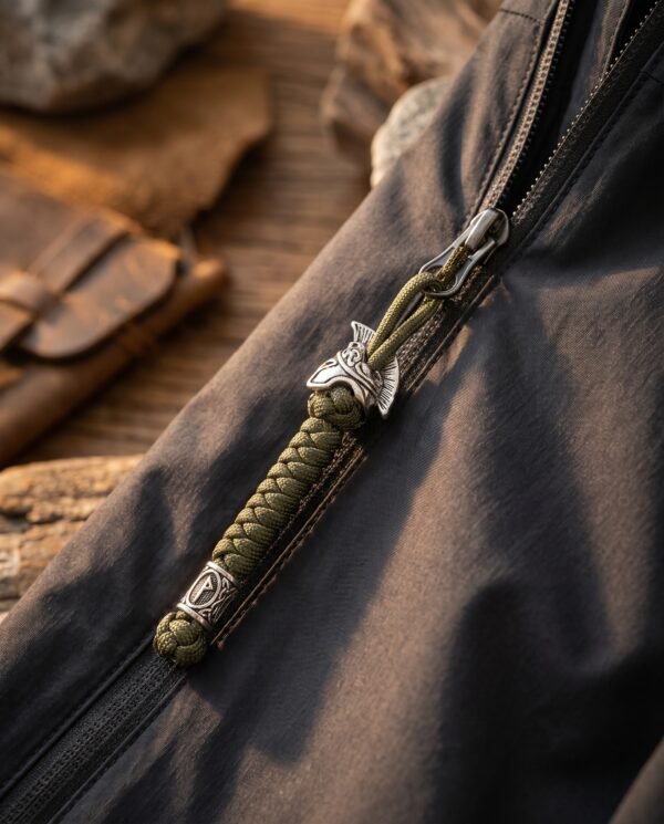 Dragonne vert armée fixée à la fermeture éclair d'une veste technique